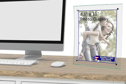 Eight and a half inch wide by Eleven Inch High Curved Green Edged Sign Holder Made for Vertical or Horizontal Picture Displays on Desk