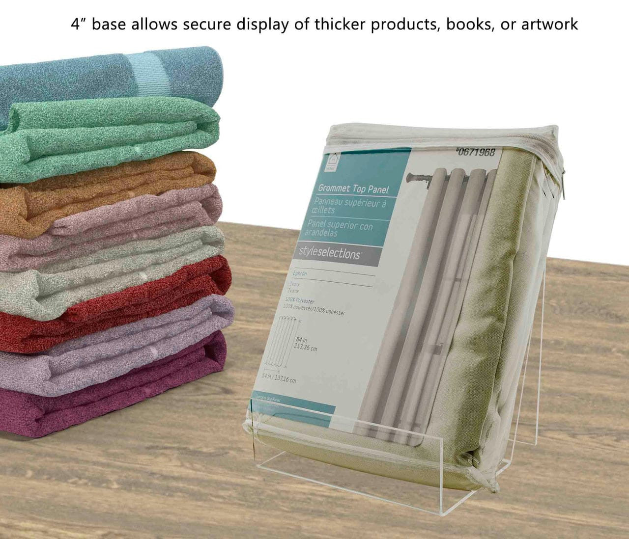 Wide base allows secure display of thicker products books or artwork