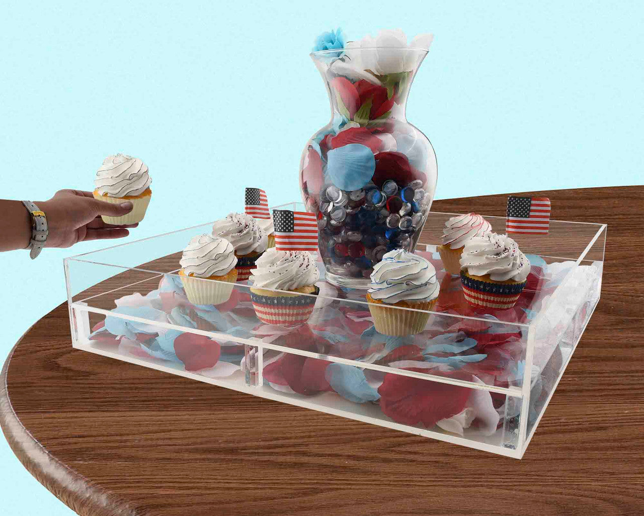 False bottom tray on table action