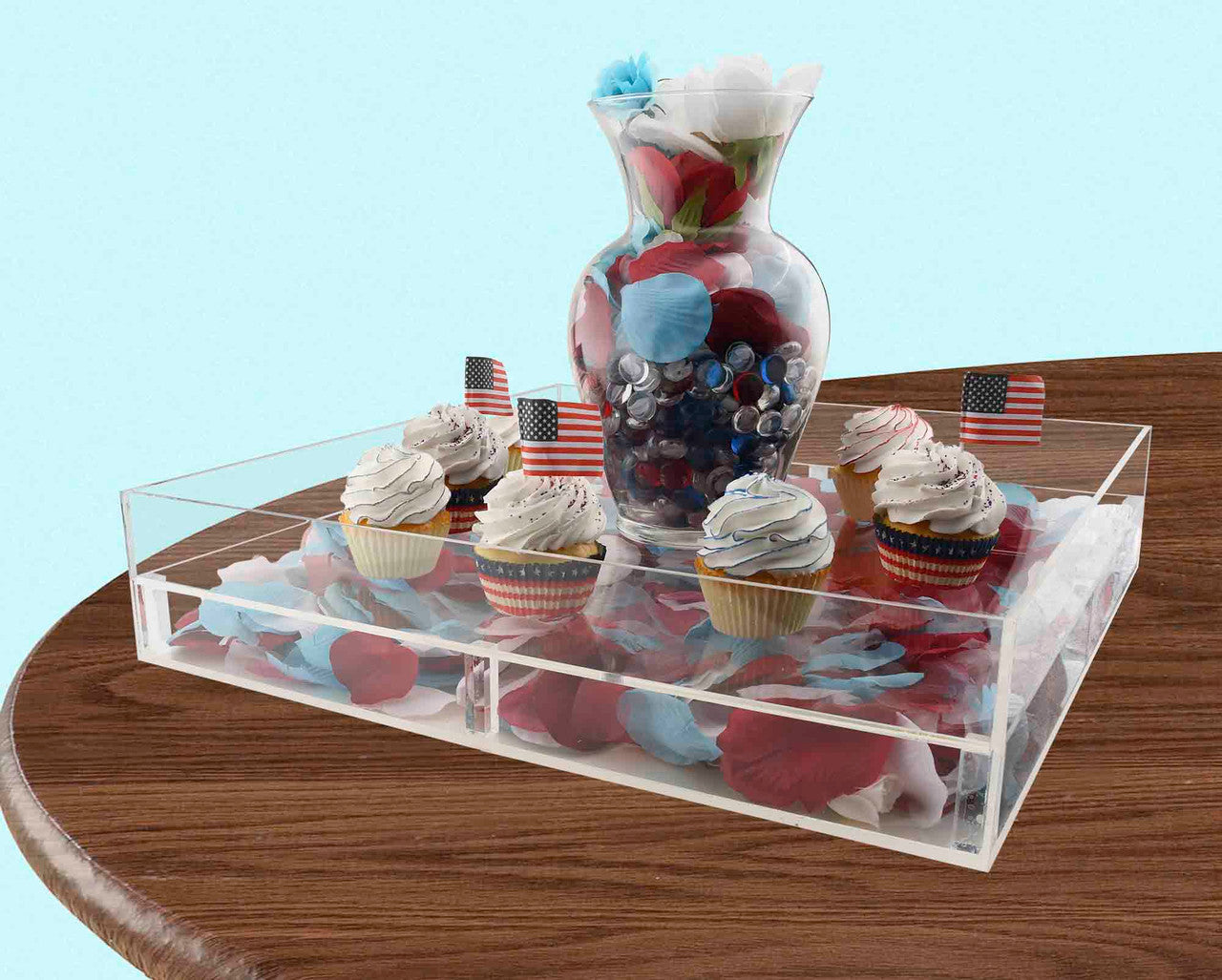 False bottom tray on table