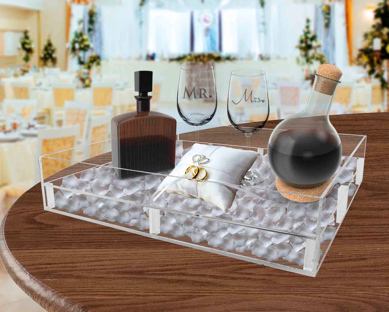 False bottom display tray on table