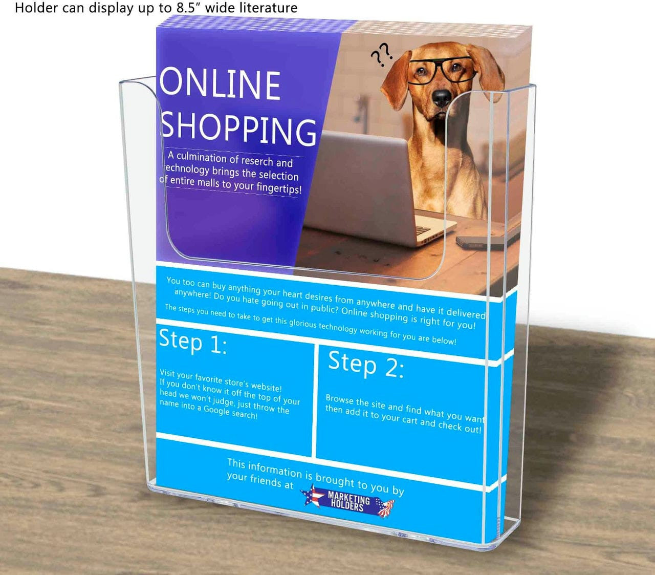 Eight and half inch wide Wall Mount Countertop Magazine Catalog Holder on a desk with lit and text