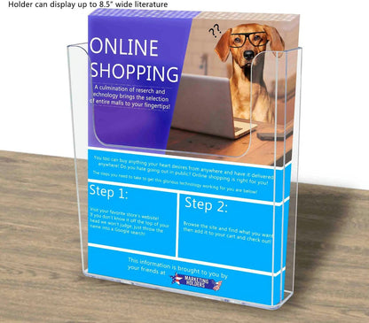 Eight and half inch wide Wall Mount Countertop Magazine Catalog Holder on a desk with lit and text