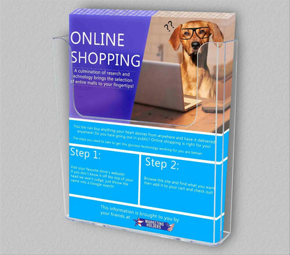 Eight and half inch wide Wall Mount Countertop Magazine Catalog Holder on a wall with literature