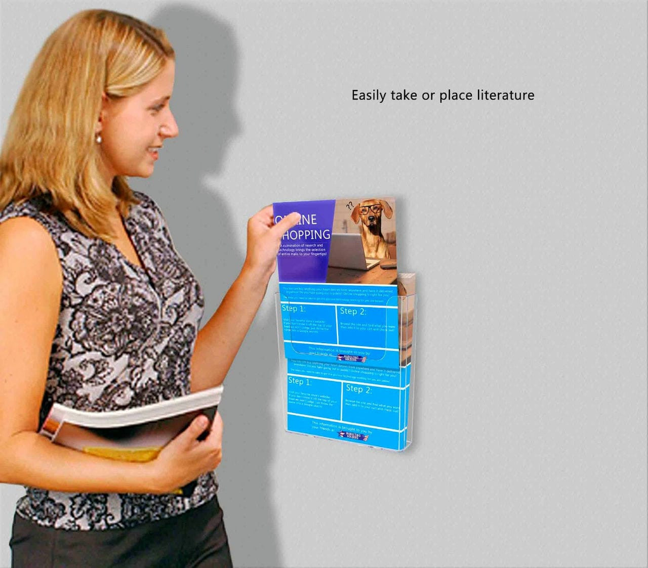 Eight and half inch wide Wall Mount Countertop Magazine Catalog Holder wall mount with text lit and a model