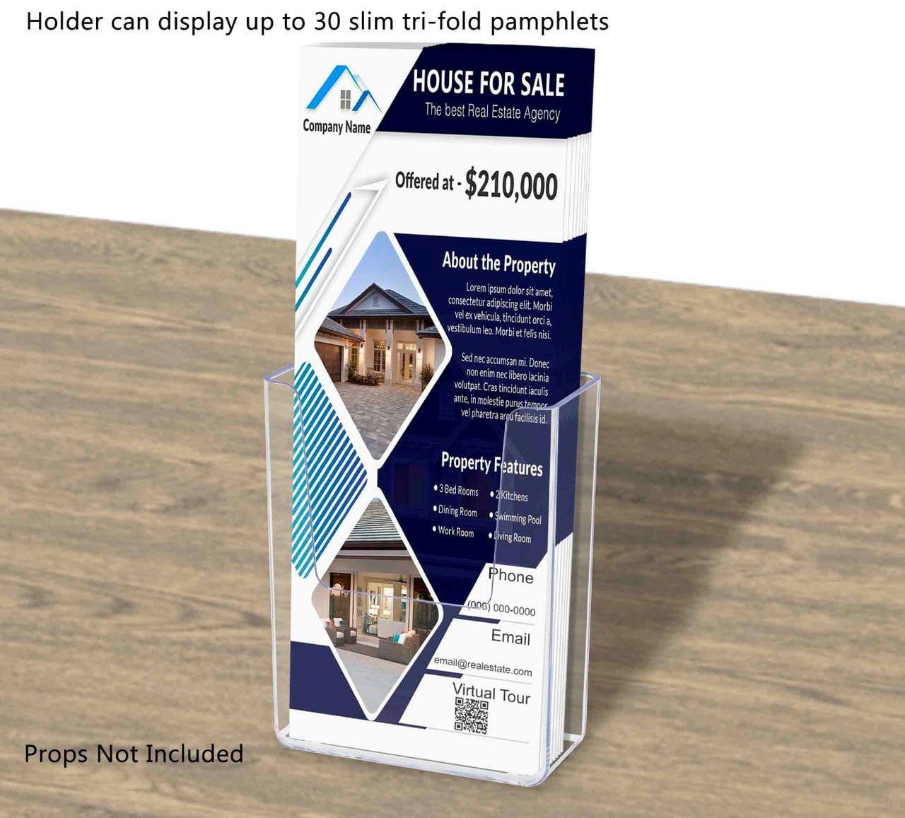 Holder can display up to thirty slim tri fold pamphlets