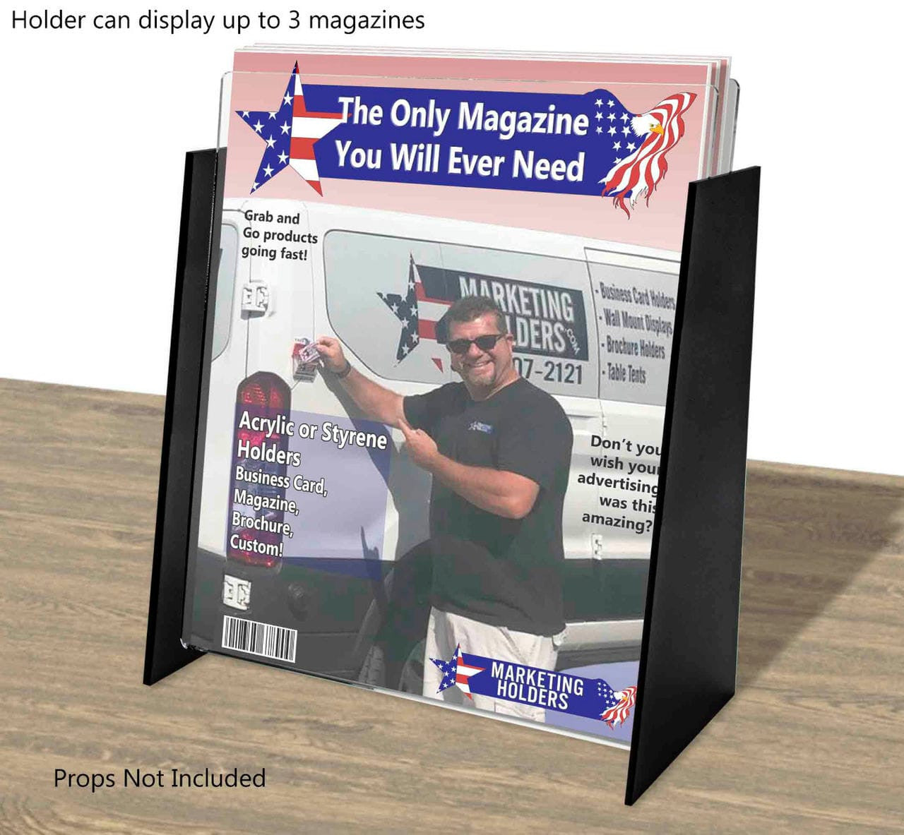 Eight and a half inch wide Vertical Magazine Catalog Stand Countertop Black Clear