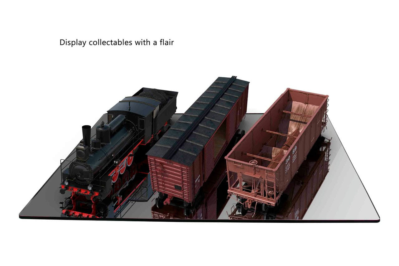 Mirror Sheet DIY Projects Glass Replacement Acrylic with trains on top in the reflection with Trains