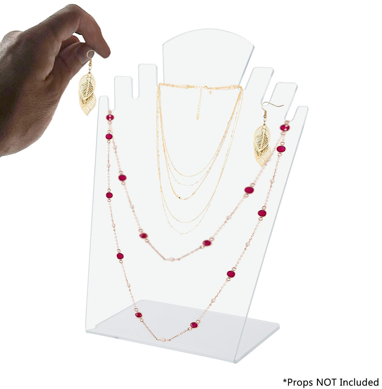 Clear earring holder for necklaces and earrings and bracelets with a set and a hand as action shot
