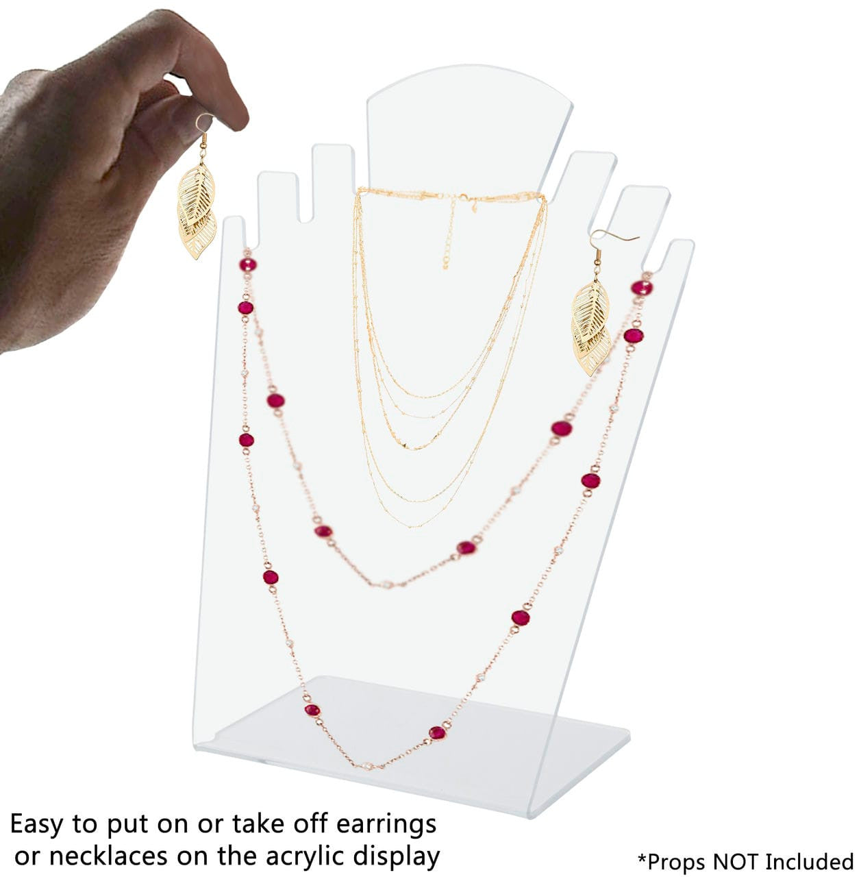 Clear earring holder for necklaces and earrings and bracelets with a jewelry set and verbiage and text and a hand