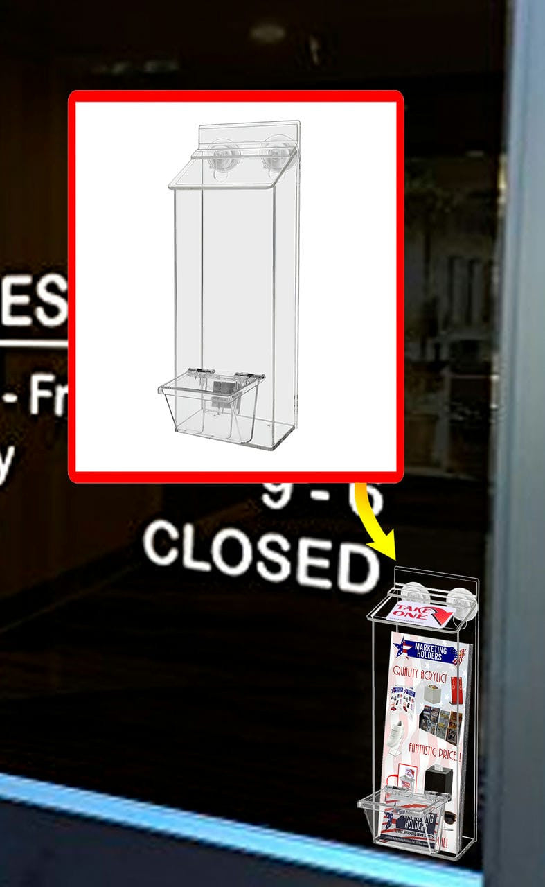 outdoor brochure holder with suction cups and box for a set of business cards with literature and a set of business cards installed on a window or glass door close up photo