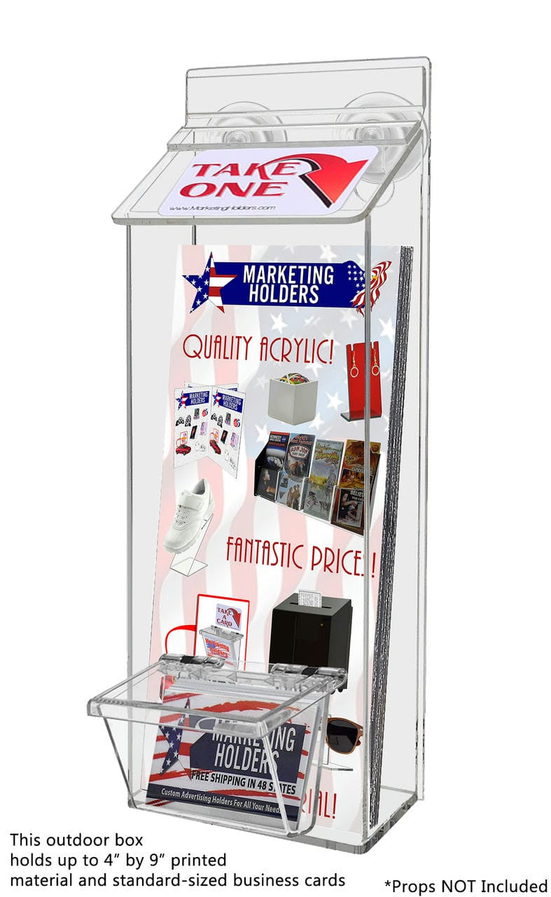outdoor brochure holder with suction cups and box for a set of business cards with literature and a set of business cards