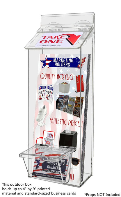 outdoor brochure holder with suction cups and box for a set of business cards with literature and a set of business cards
