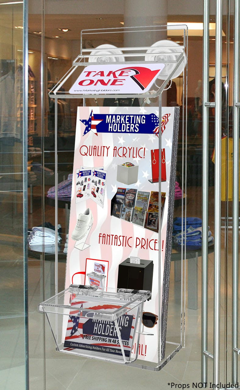 outdoor brochure holder with suction cups and box for a set of business cards with literature and a set of business cards installed on a window or glass door