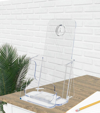 Slant Back Trifold Literature Holder with Business Card Holder on a counter top empty