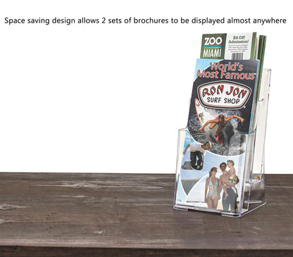 Space saving design allows two sets of brochures to be displayed almost anywhere