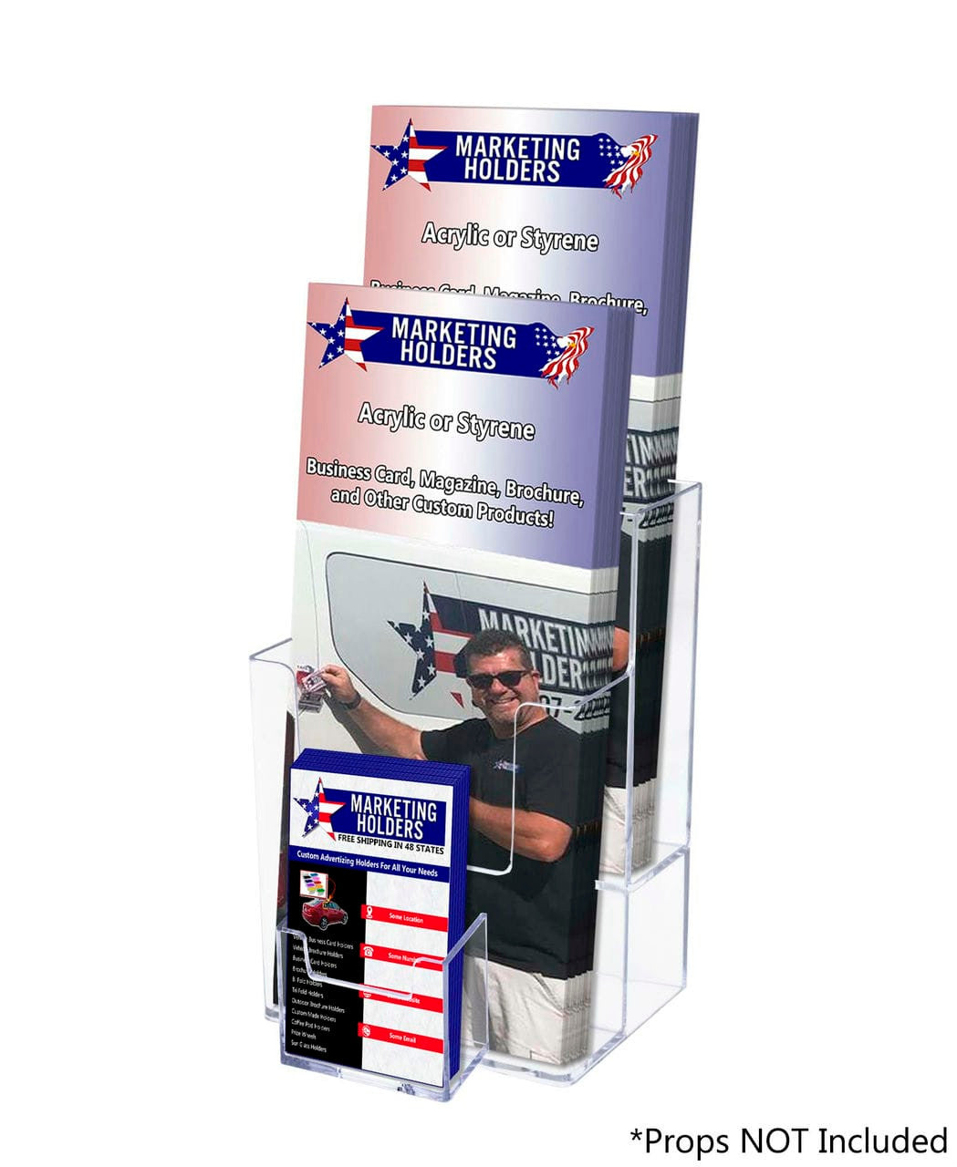 4"W Trifold Display Tiered 2 Pocket Stand with Vertical Card Slot