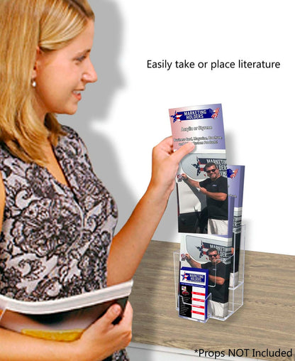 4"W Trifold Display Tiered 2 Pocket Stand with Vertical Card Slot