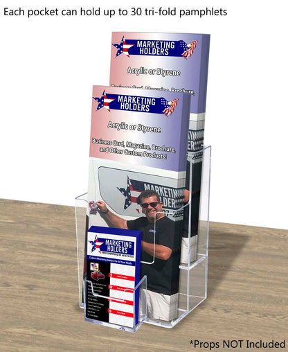 4"W Trifold Display Tiered 2 Pocket Stand with Vertical Card Slot