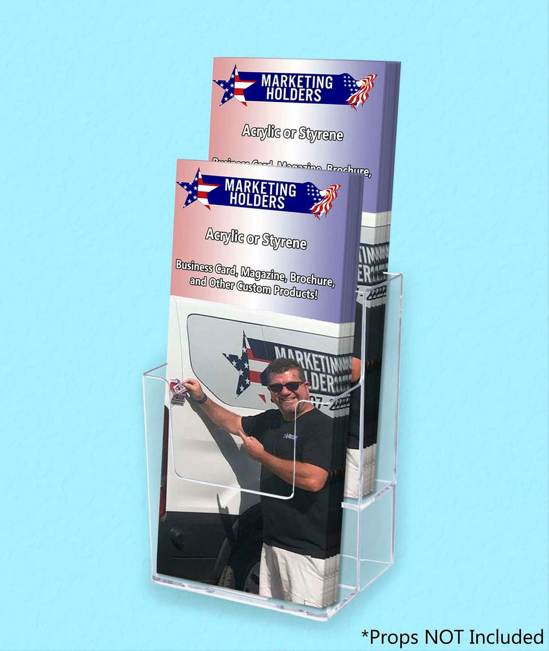 Tri Fold Two Pocket Tiered Holder on wall with brochures