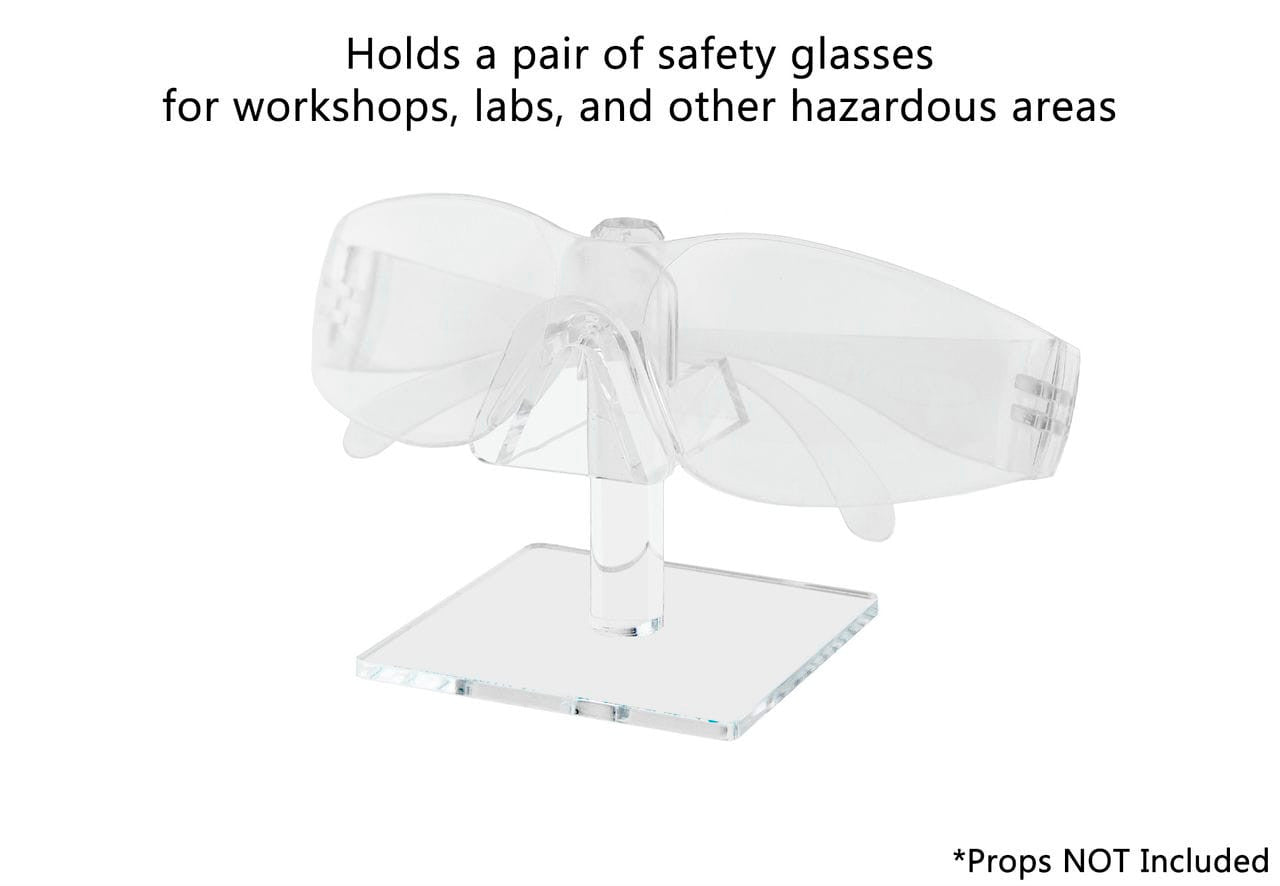 Holds a pair of safety glasses for workshops, labs, and other hazardous areas