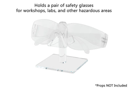Holds a pair of safety glasses for workshops, labs, and other hazardous areas