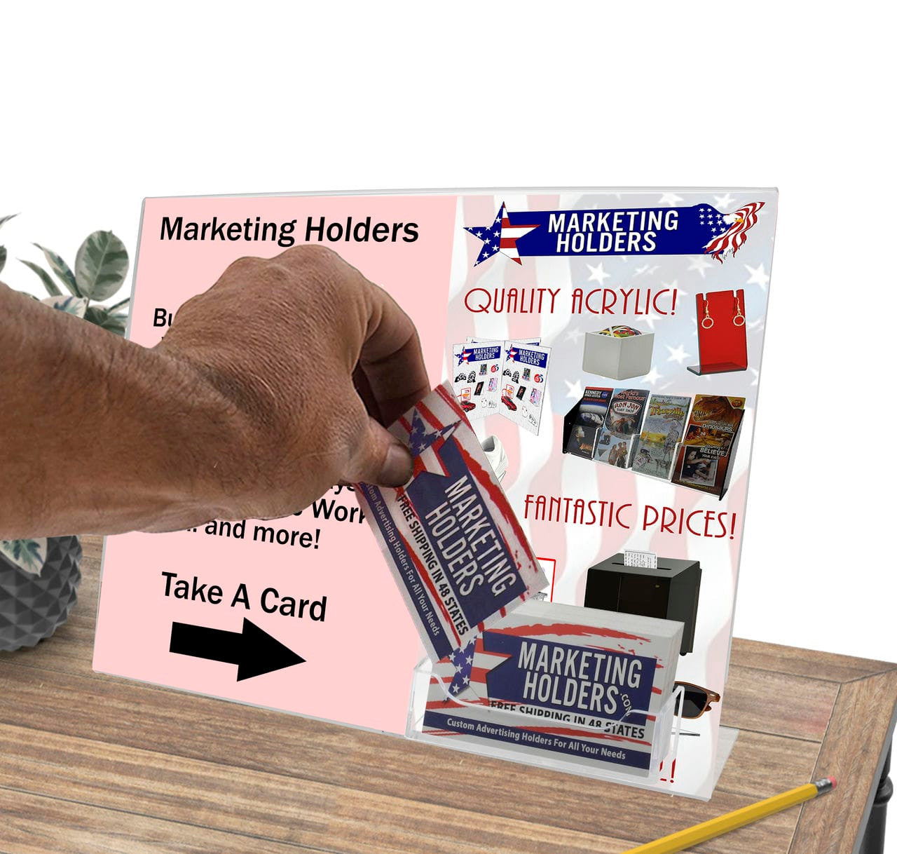 Side Load Sign Holder with Business Card Pocket with Literature Action Shots