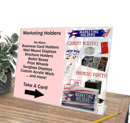 Side Load Angled Sign Holder with Business Card Pocket With Literature on table