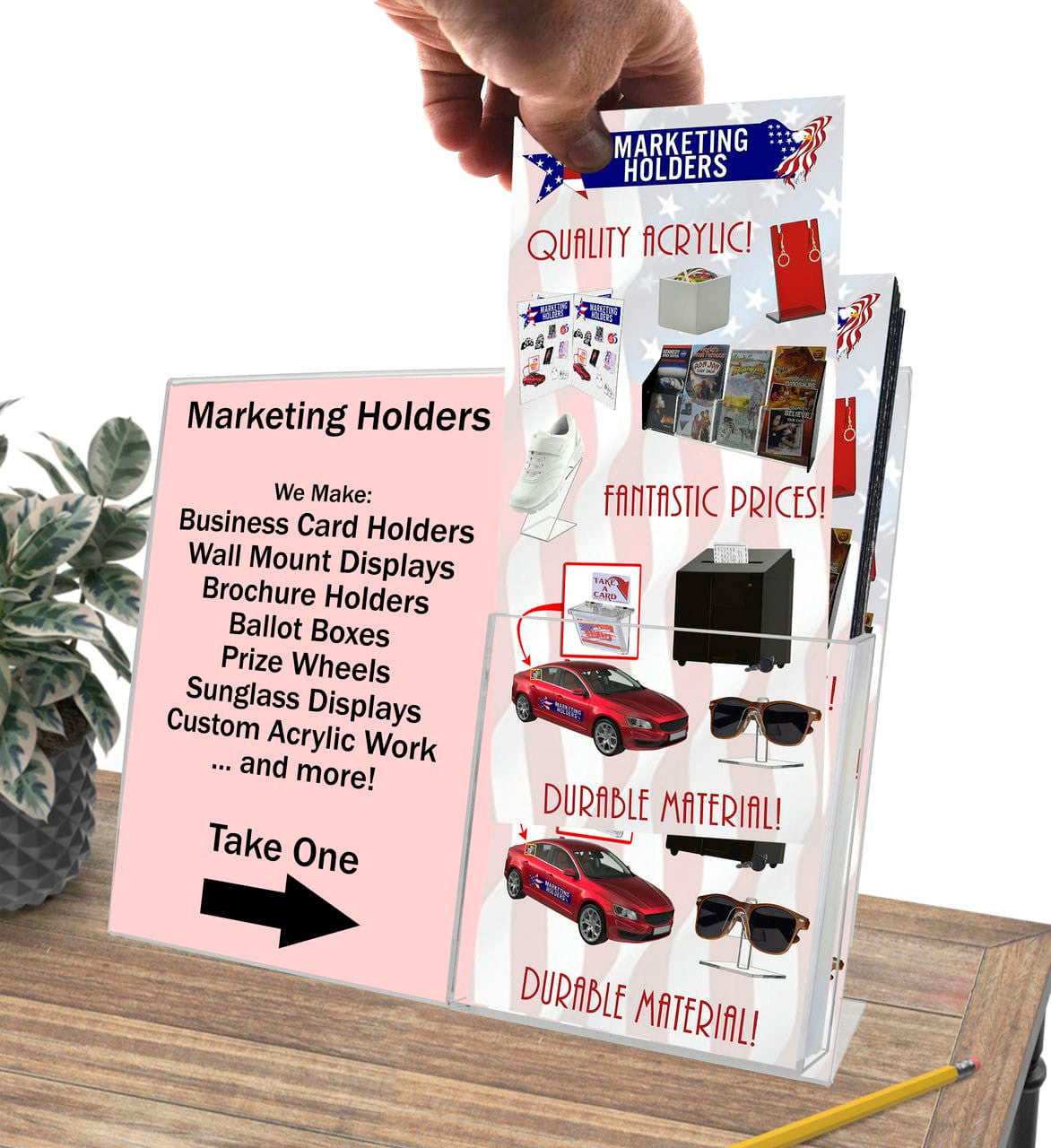 Side Load Slant Back Landscape Paper Sign Holder with Trifold Pocket action Pamphlet Flyer Holder