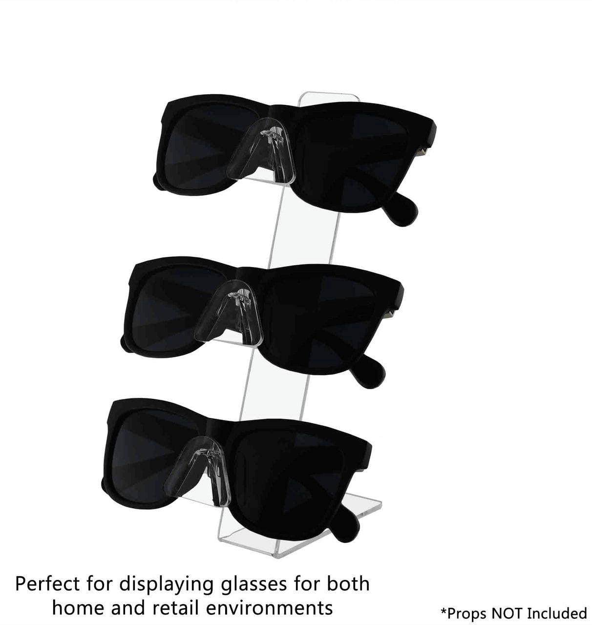 Slant back display for sunglasses and eyeglasses for countertops and boutiques full on desk with text and sunglasses