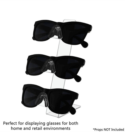 Slant back display for sunglasses and eyeglasses for countertops and boutiques full on desk with text and sunglasses