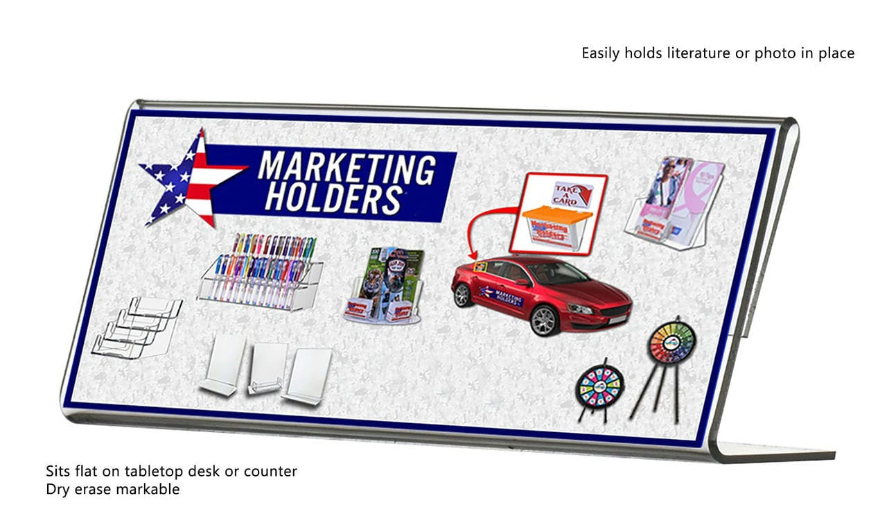 Easily holds literature or photo in place. Sits flat on tabletop desk or counter