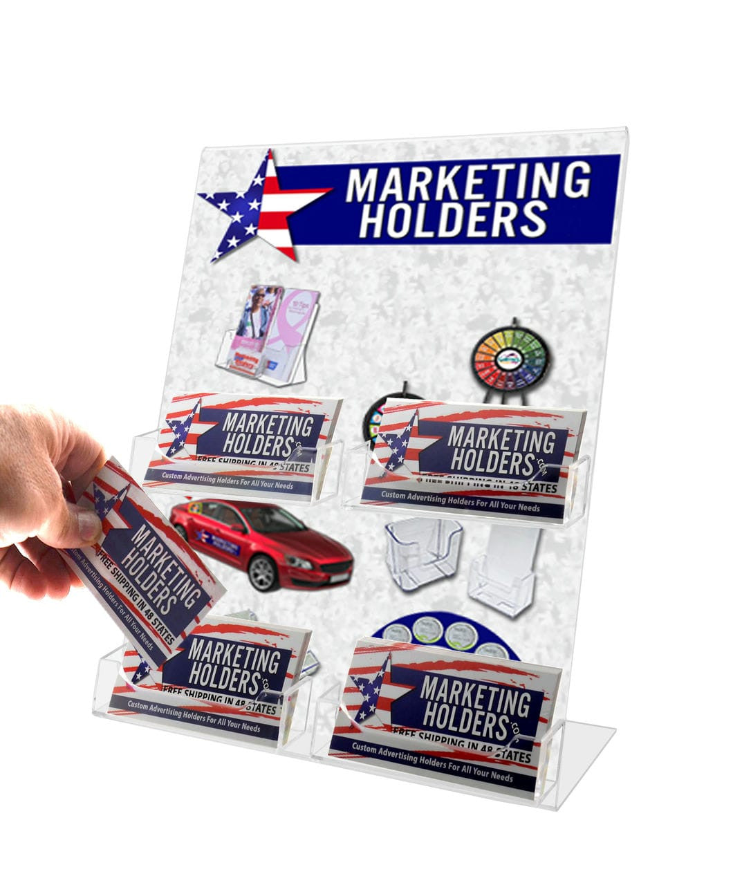 Side Load Slant Back Ad Frame with four Business Card Pockets with Business Cards