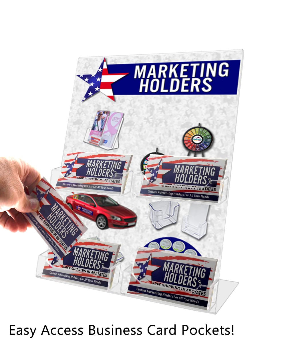 Side Load Slant Back Ad Frame with four Business Card Pockets with Literature and Business Cards Action Shot