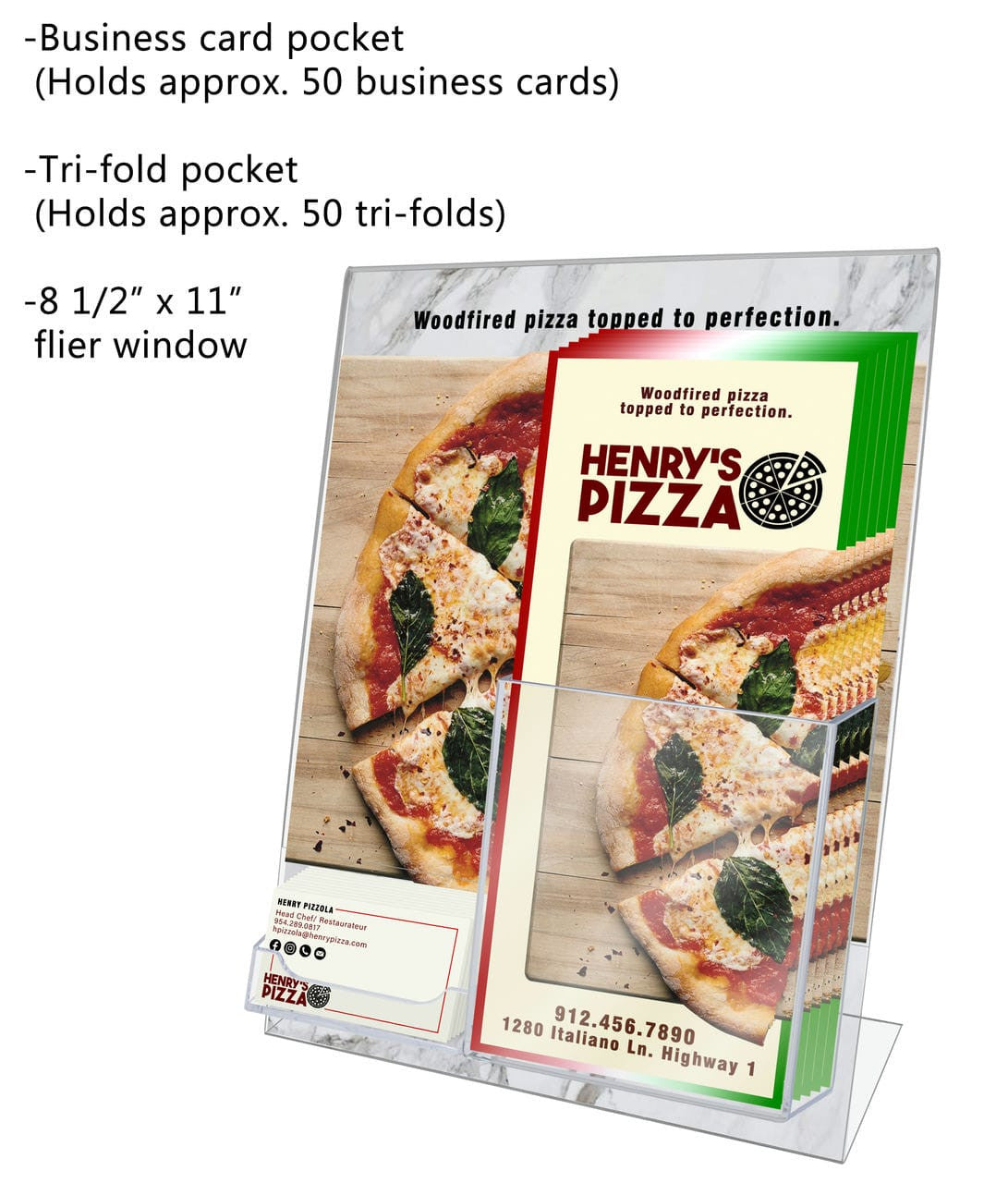 Eight and a Half Inches Wide by Eleven Inches High Slant Back Document Holder Card and TriFold Attachment with text and literature