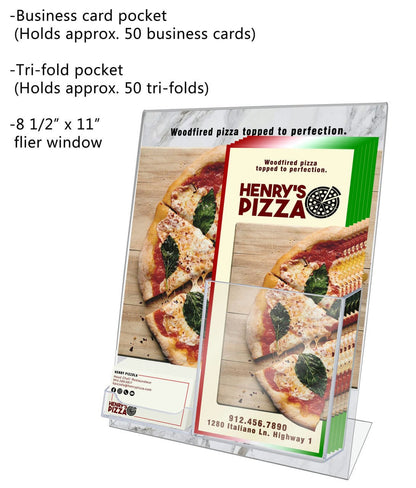 Eight and a Half Inches Wide by Eleven Inches High Slant Back Document Holder Card and TriFold Attachment with text and literature