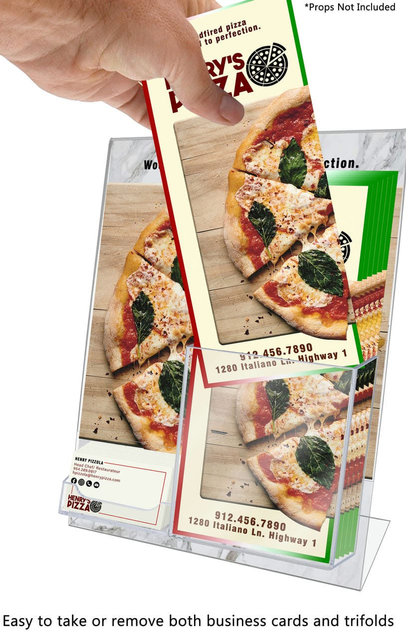 Eight and a Half Inches Wide by Eleven Inches High Slant Back Document Holder Card and TriFold Attachment with a hand