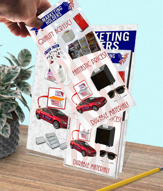 Table Sign Holder with Trifold Pocket on desk with literature