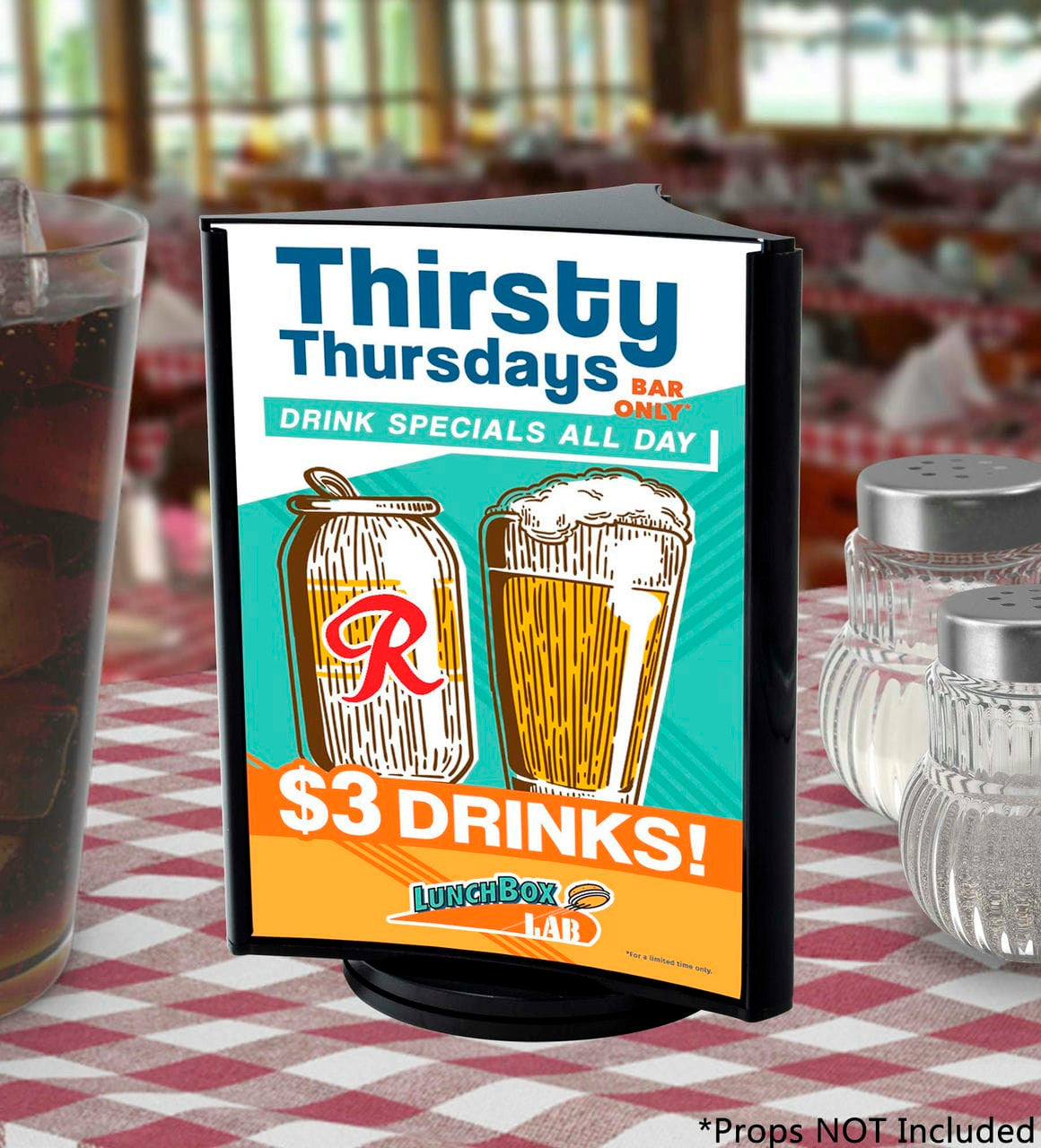 Five Inches Wide by Seven Inches High Literature Holder Rotating  Three Panel Display on table with literature and a table cloth