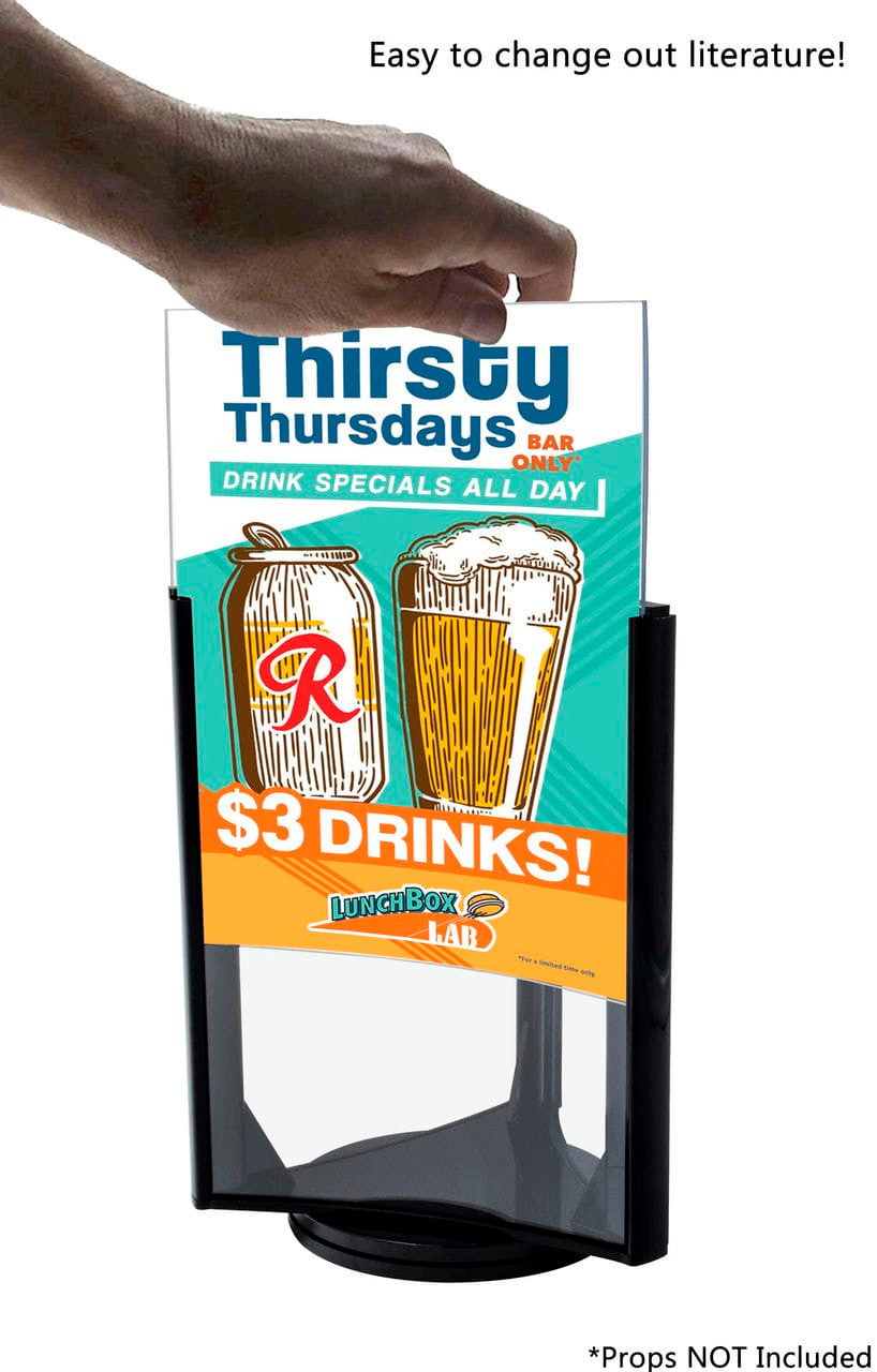 Five Inches Wide by Seven Inches High Literature Holder Rotating three Panel Display Action showing how to remove literature