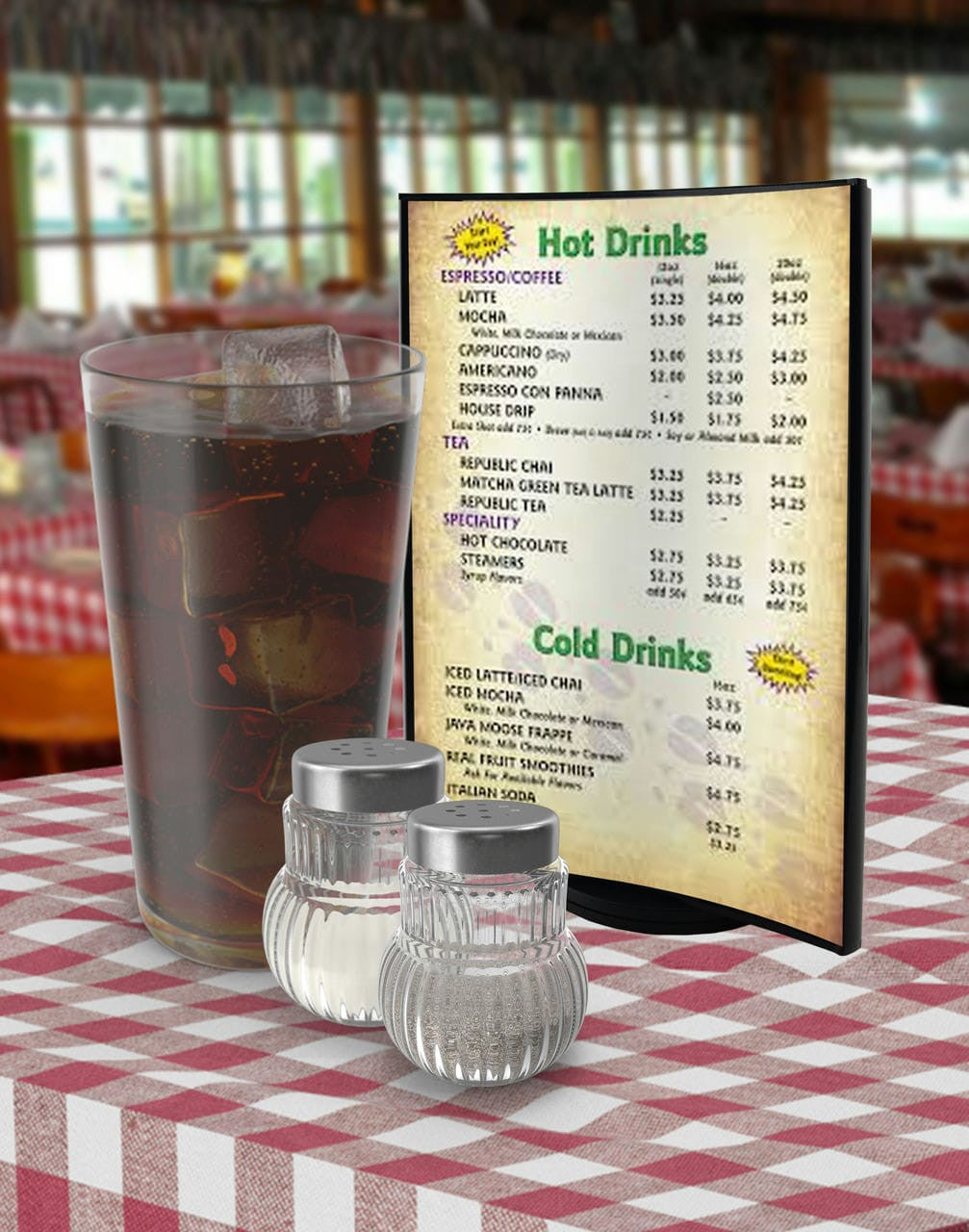 Five Inches Wide by Seven Inches High Literature Holder Rotating Three Panel Display on table with a drink and literature