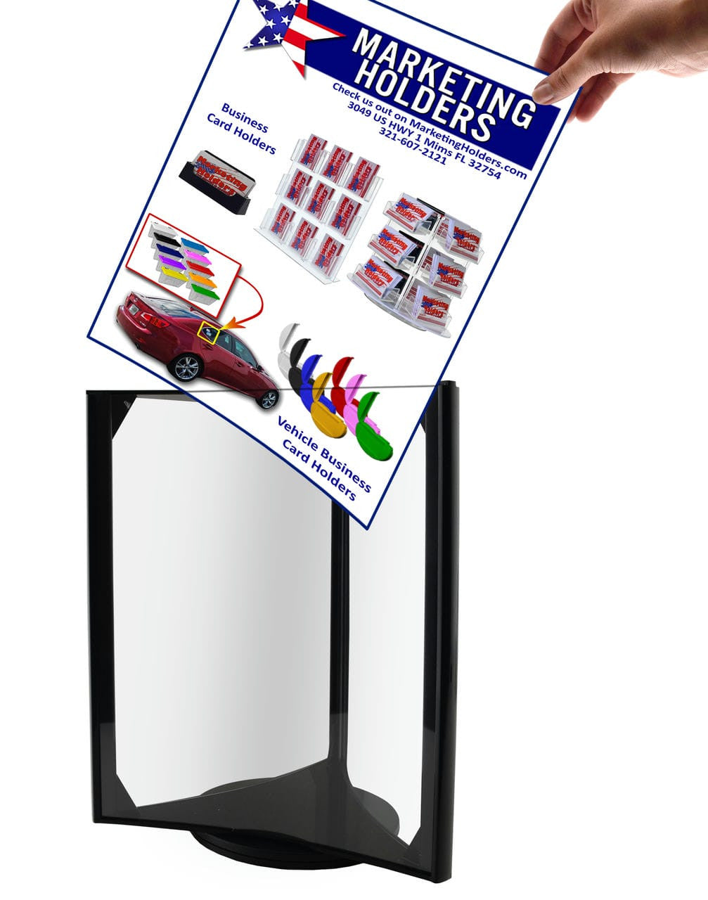 Eight by Eleven Rotating Sign Literature Holder Three Pocket Display Countertop Action