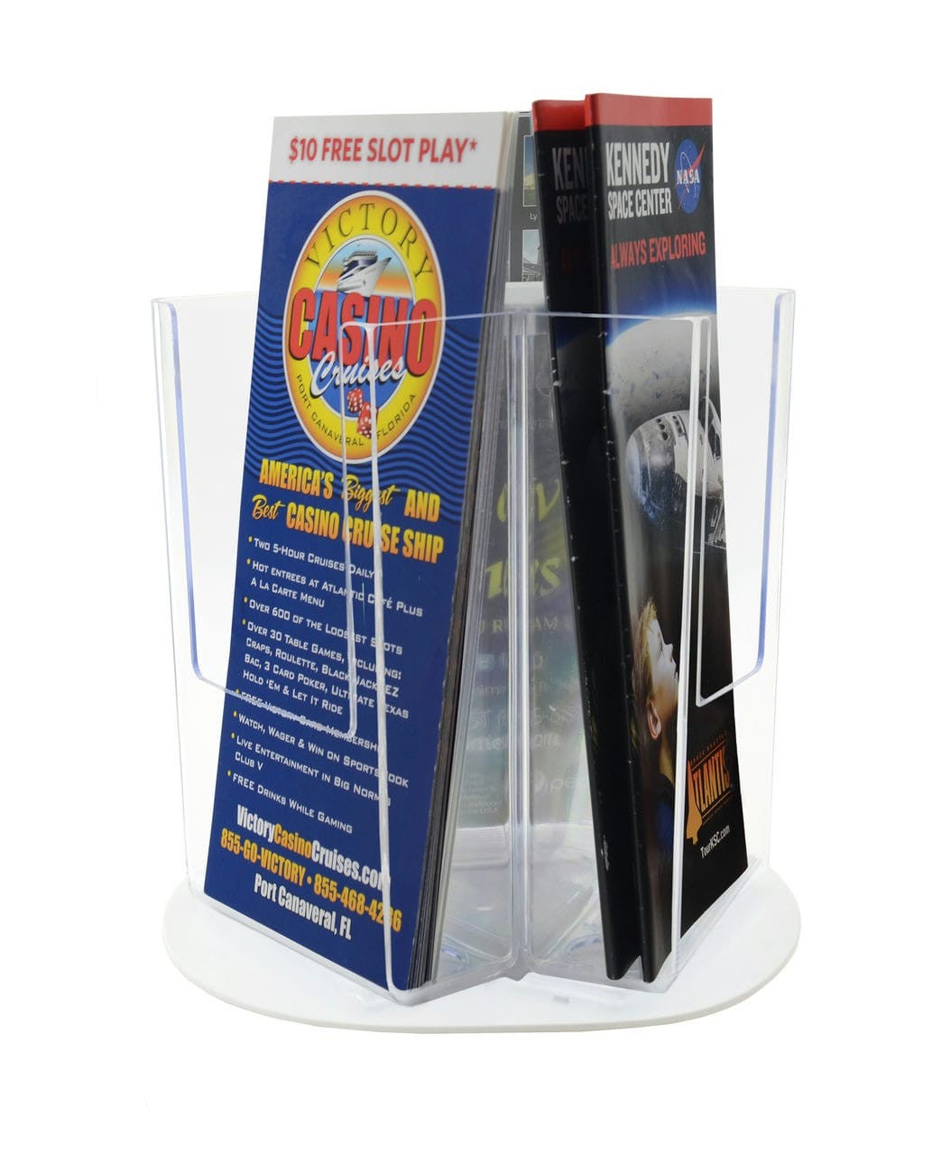 Rotating Four Inch Wide Tri Fold Counter Display with Three Pockets with Literature