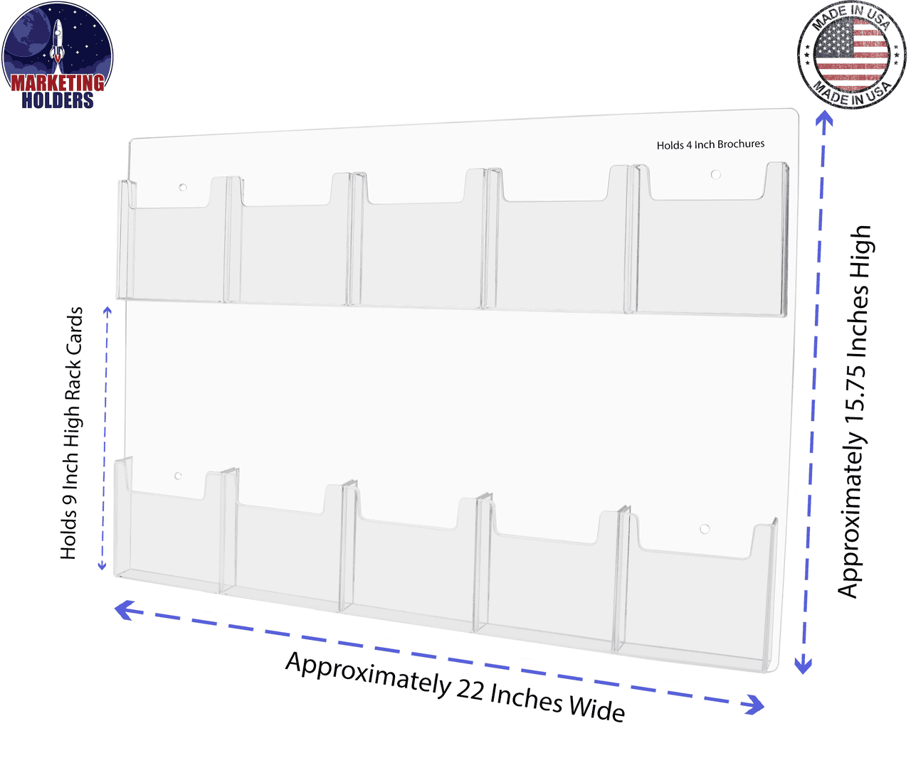 Lightweight Wall 10 Pocket Brochure Holder for 4"W Literature