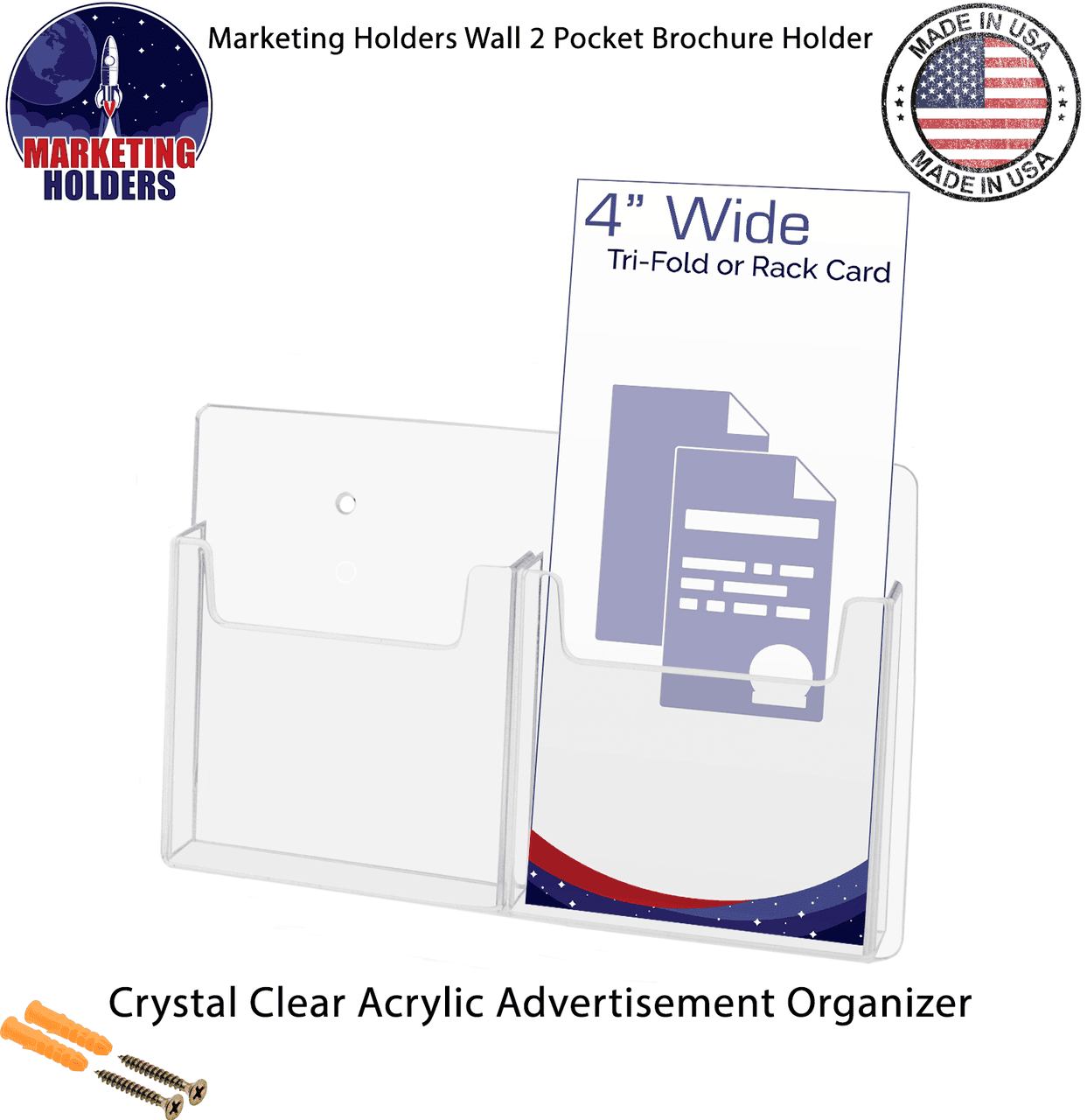 Wall Two Pocket Brochure Holder for 4"W Trifold Literature