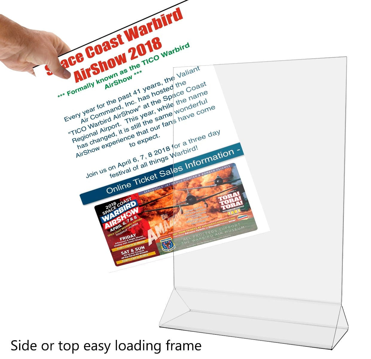 Top Load Double Sided Table Sign Holder Frame Counter with literature and verbiage and text