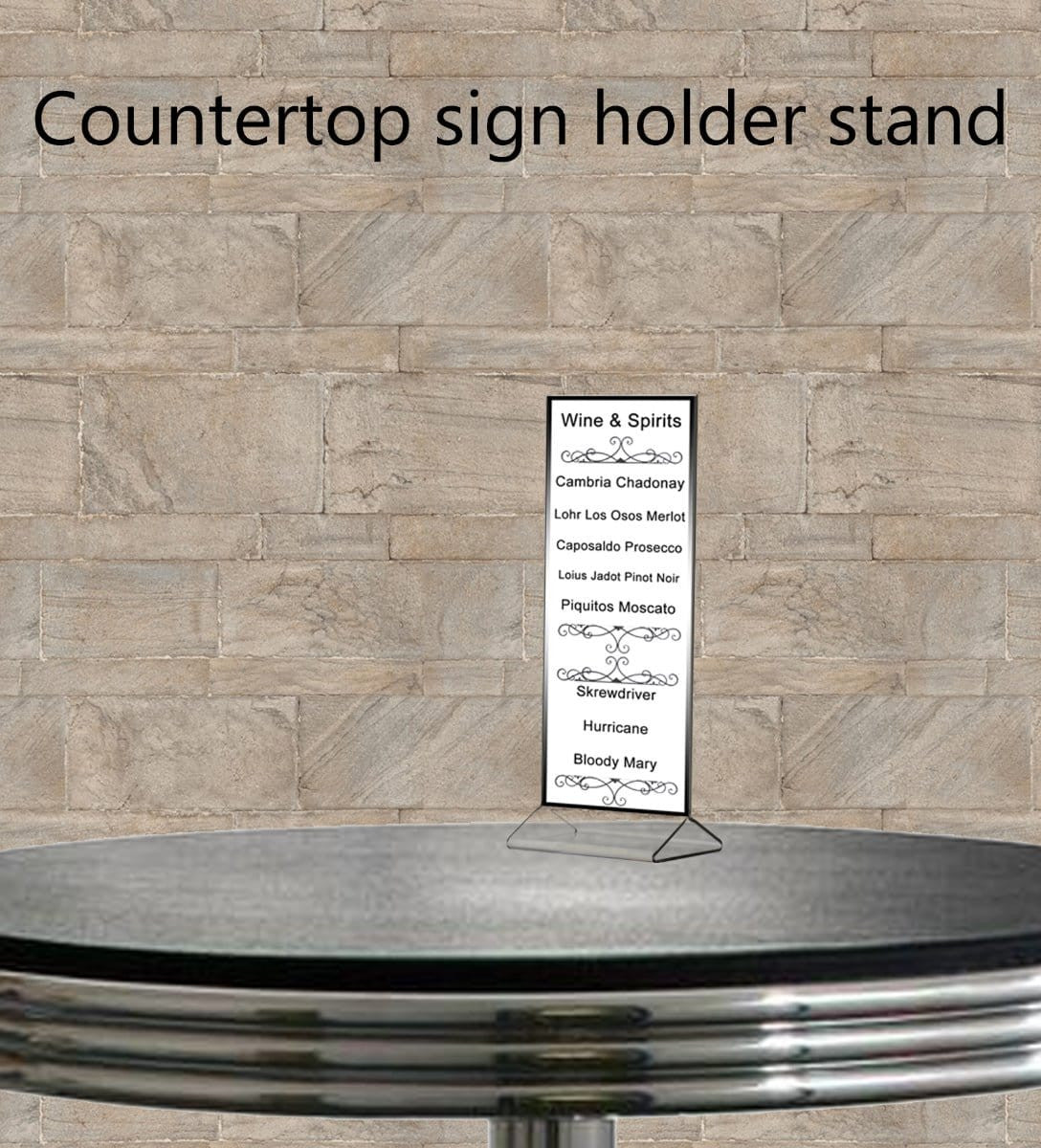 Top Load Sign Holder Double Sided Tabletop Ad Frame with text on a tabletop