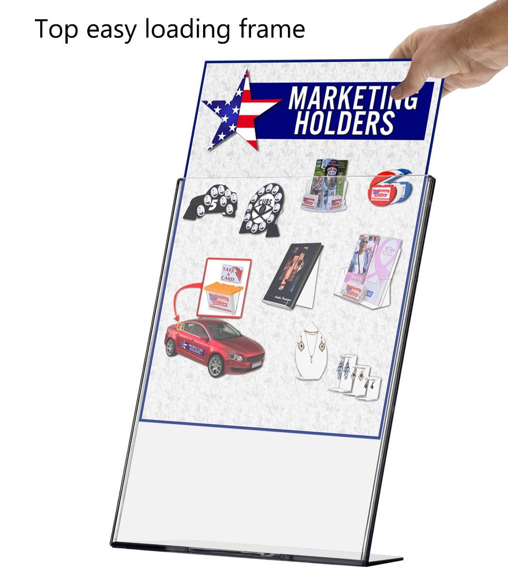 Sign Holder TRU-VU® Table Tent Top Load Wide Base with literature going up through the top