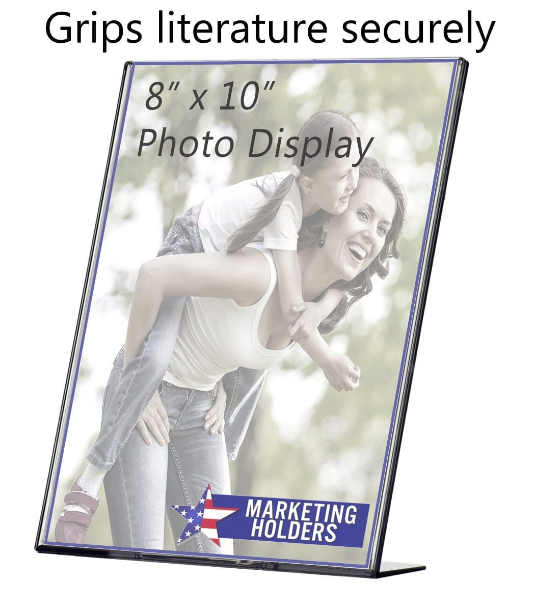 Sign Holder TRU-VU® Table Tent Top Load Wide Base with verbiage and literature that shows the size