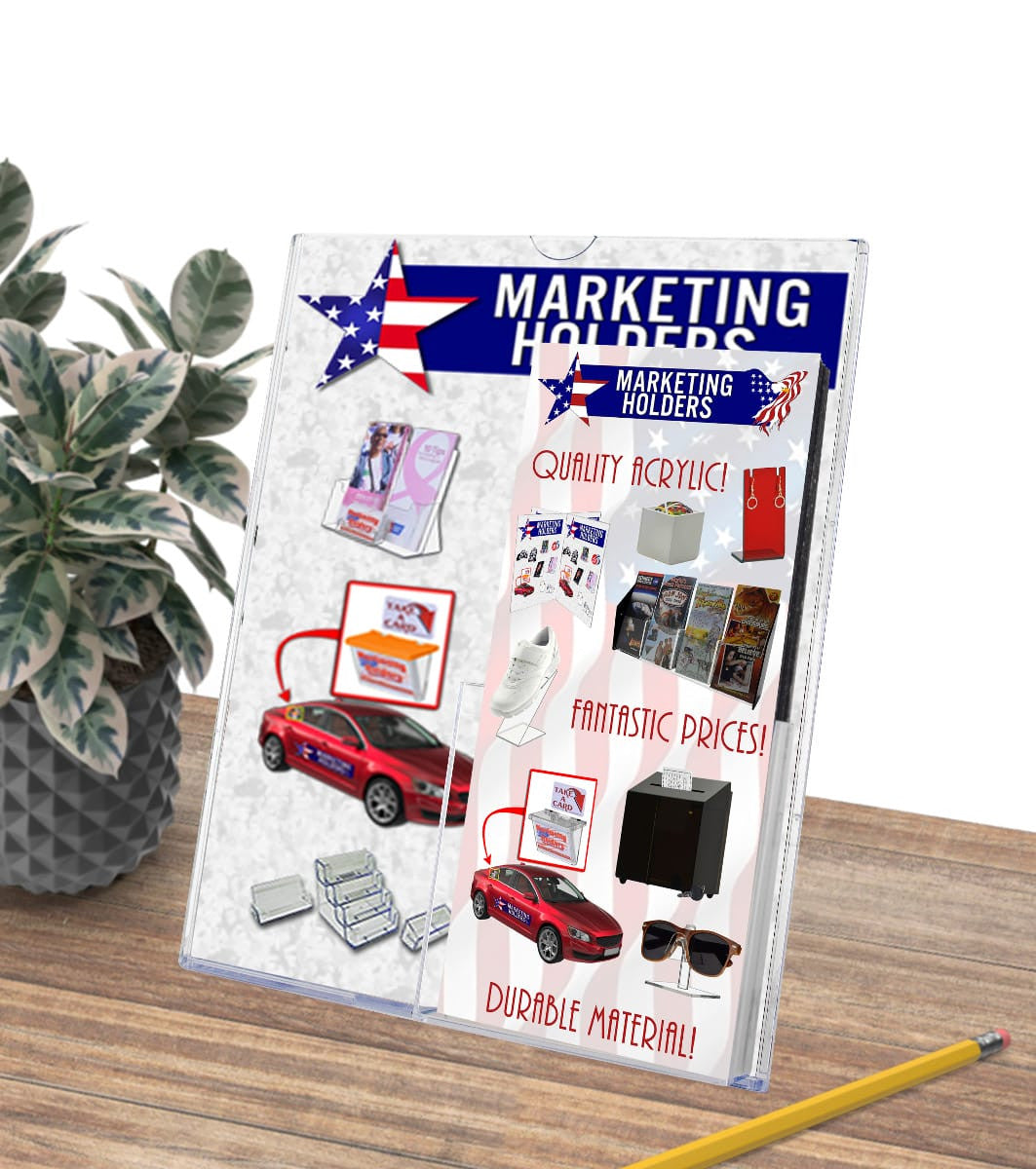 Eight and a half Inch Wide Front Desk Sign with Pamphlet Pocket Slant Back Stand